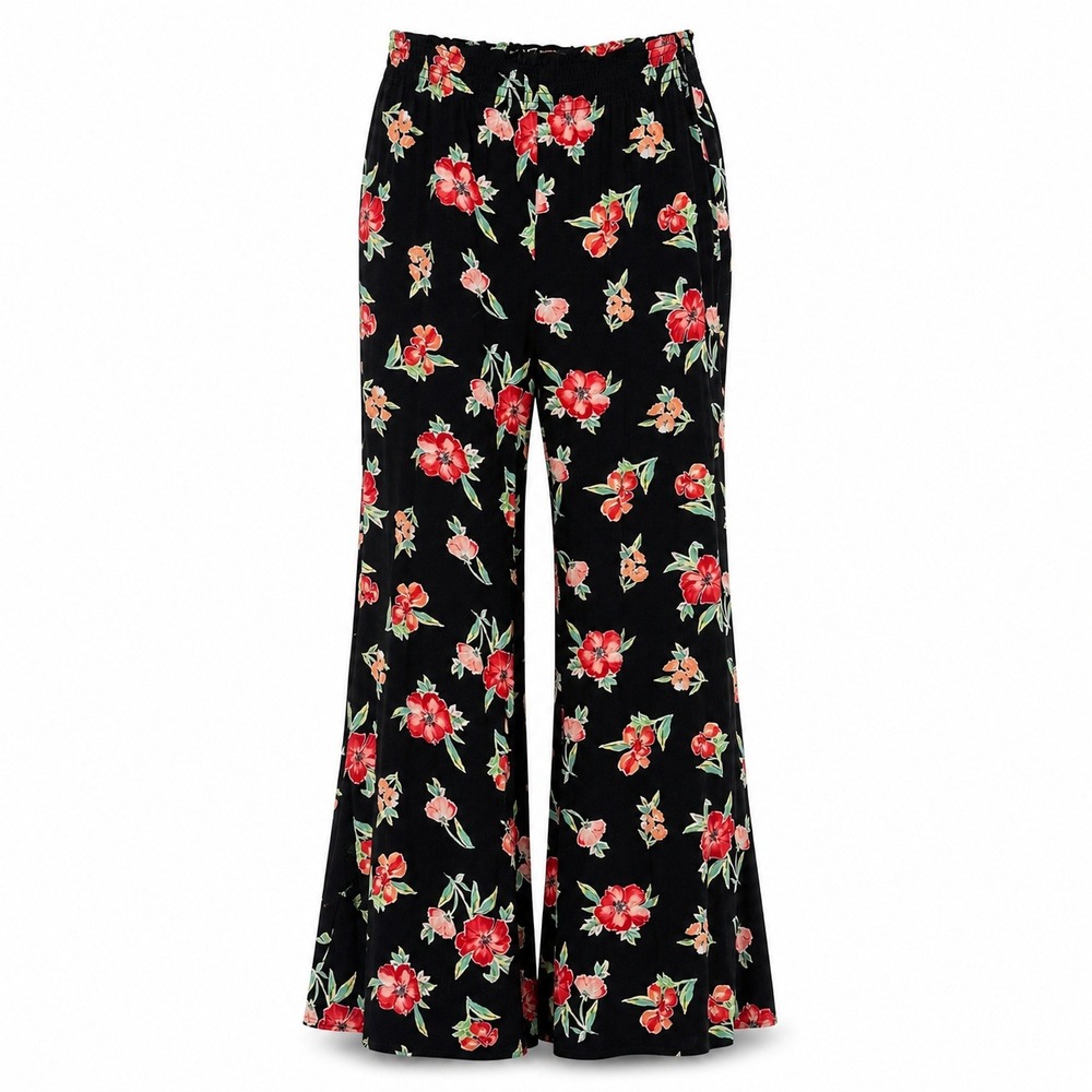 Floral Boho‎ Whimsigoth Black Red Smocked Waist Wide Leg Palazzo Pants Small